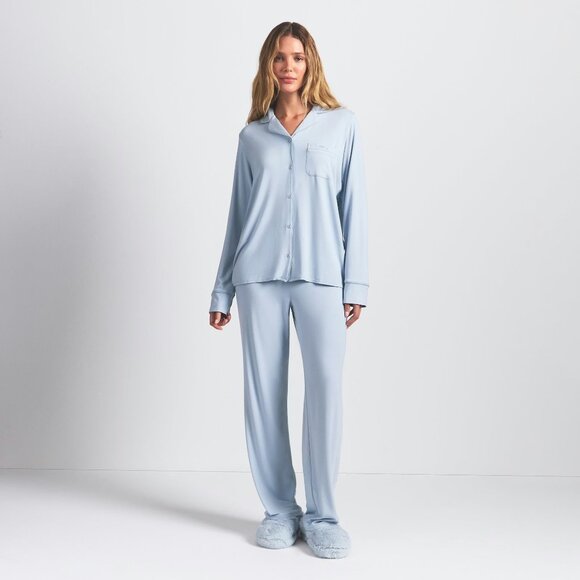 SKIMS SLEEP LONG SLEEVE BUTTON UP SET - ZEN BLUE - Picture 1 of 6